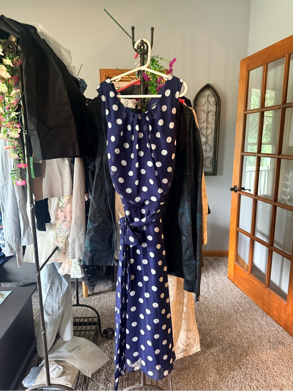 JH Collectibles Navy Blue Polka Dot Sleeveless Midi Dress with Tie Waist